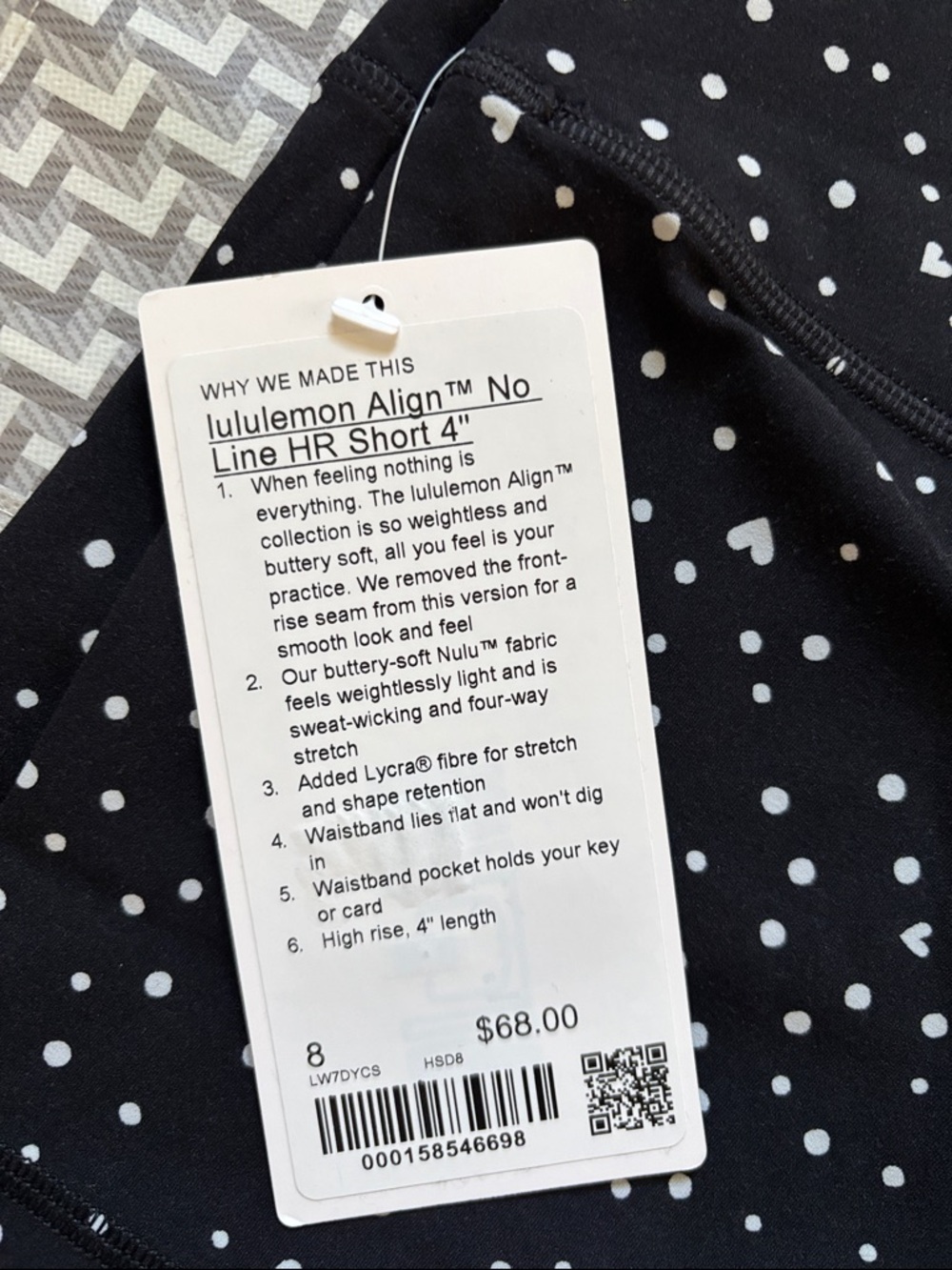LULULEMON ALIGN NO LINE HR SHORTS 4β in HEART SCATTER DOT BLACK AND WHITE NWT - Picture 8 of 13